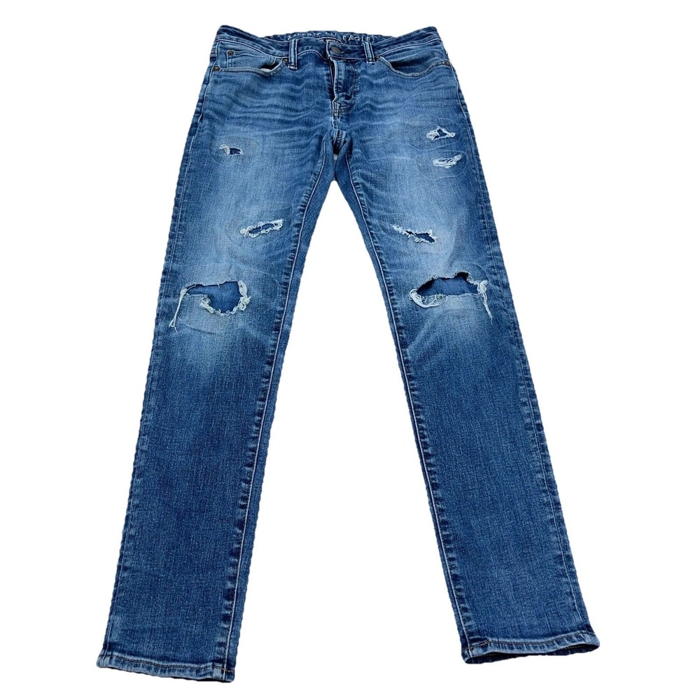 American Eagle Jeans‎ Men 31x34 Athletic Skinny Fit Med Wash Faded Holes Ripped